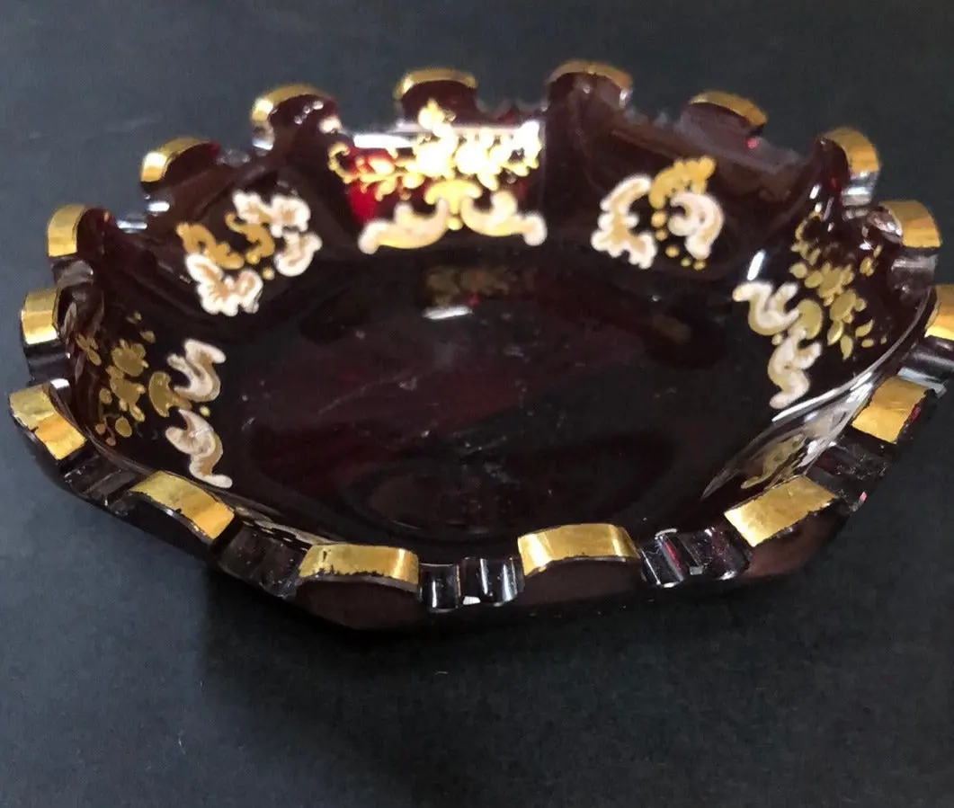 Cranberry With Gold Overlay Dish 1