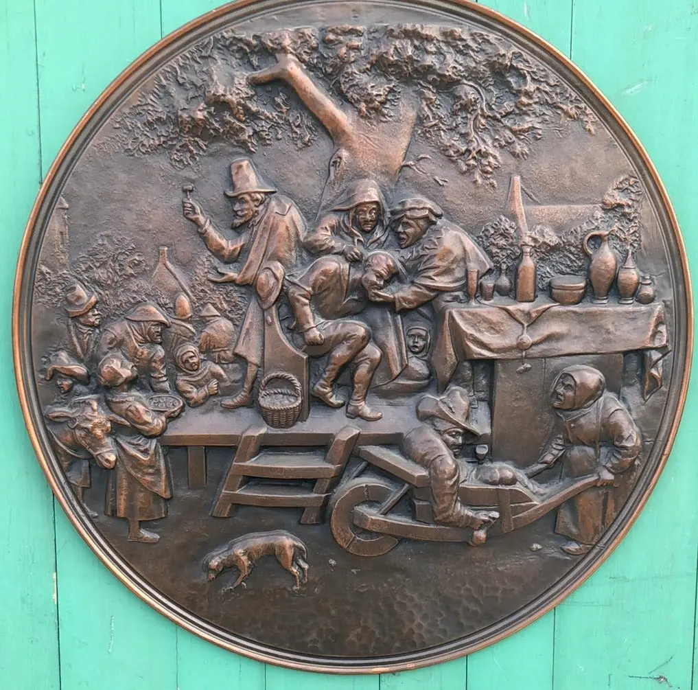 Large Copper Relief Plaque With People And A Dog 1