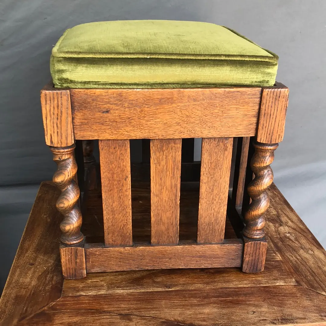 Barley Twist Stool With Green Upholstery And As Found Caning 1