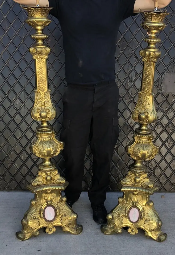 Pair Of Large Ornate Brass Floor Lamps Or Candle Stands With Cameos - No Shades 1
