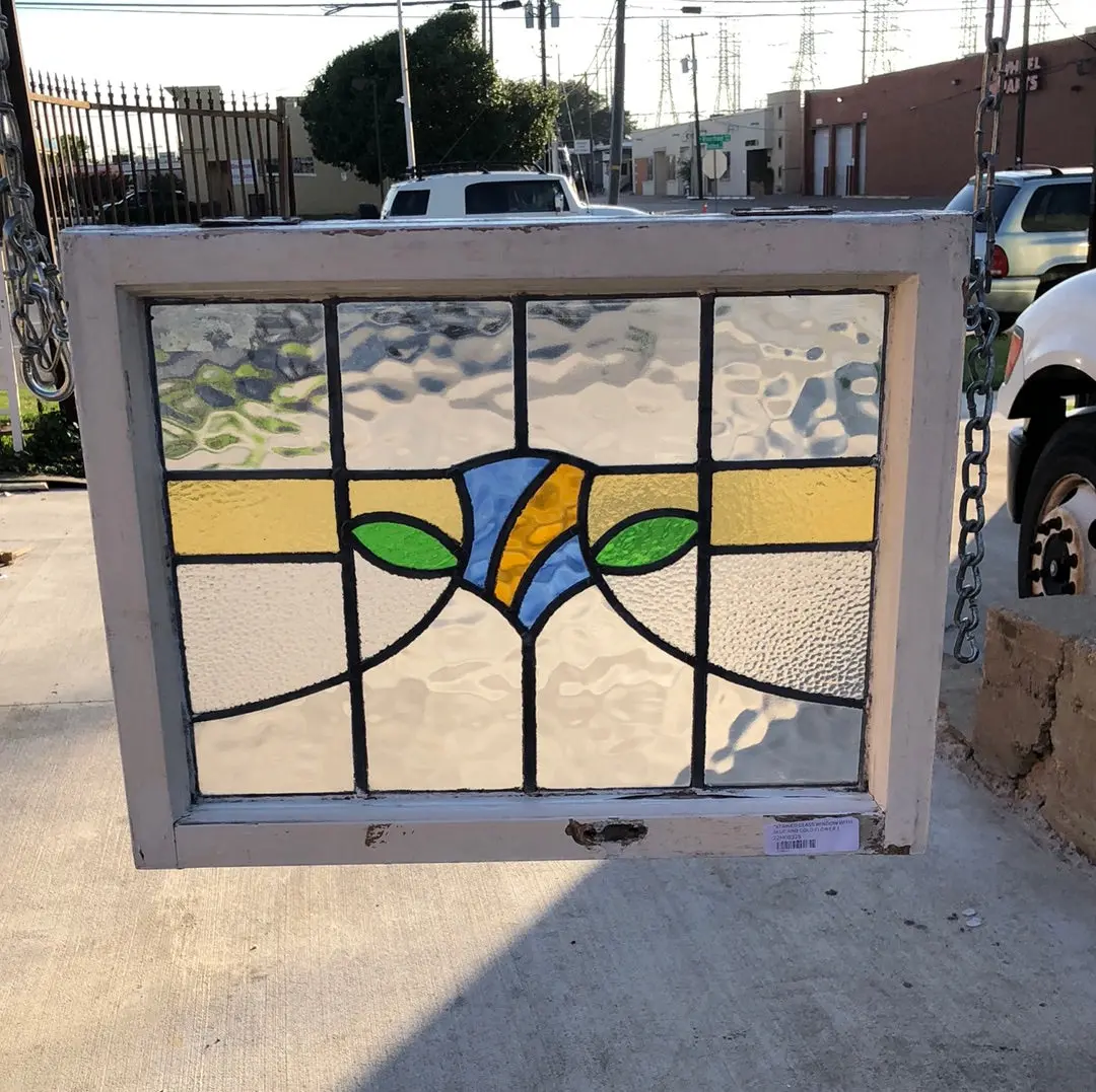 Stained Glass Window With Blue And Gold Flower 1