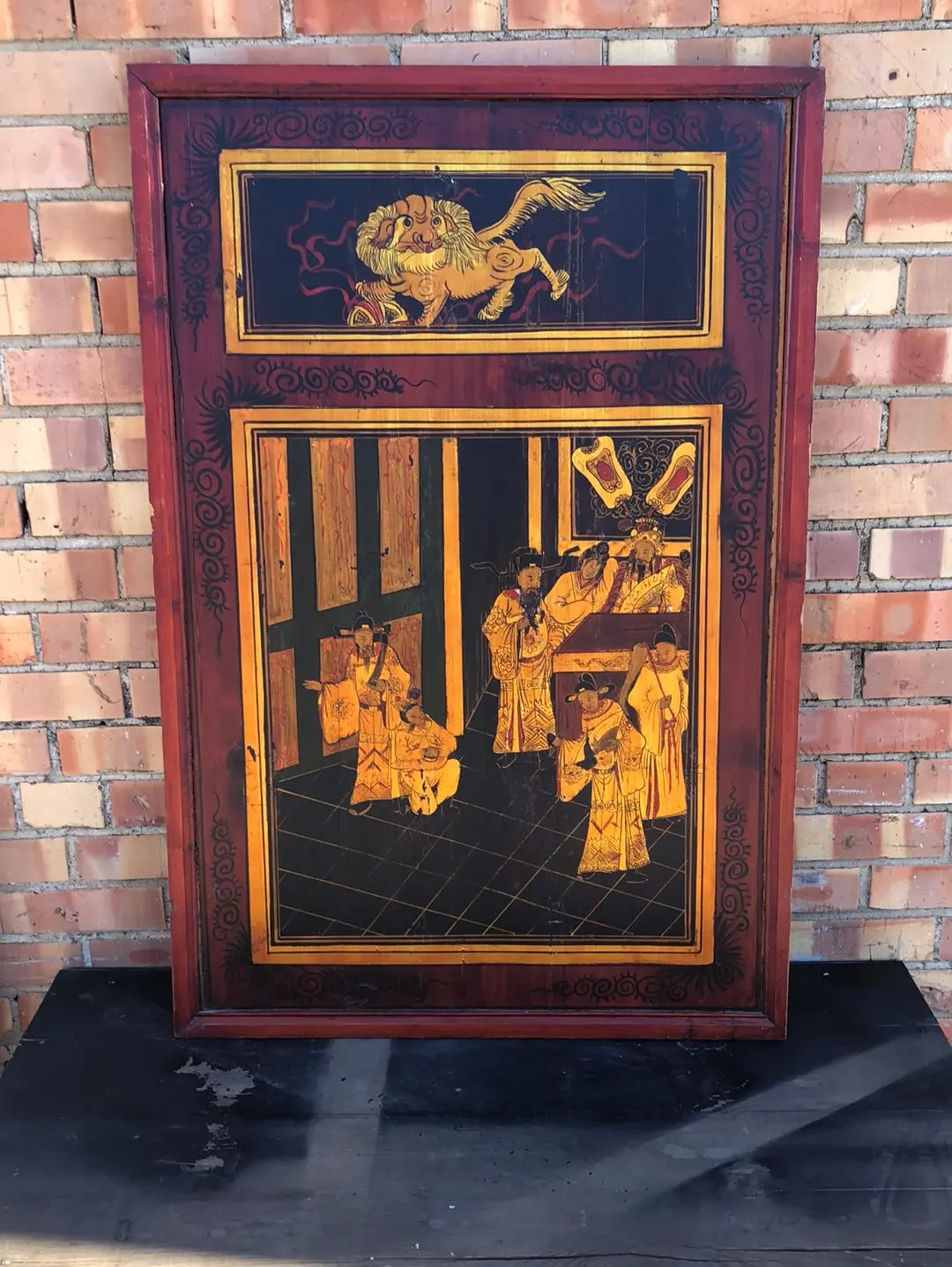 Red And Gold Asian Panel With People And Foo Dog - Each 1