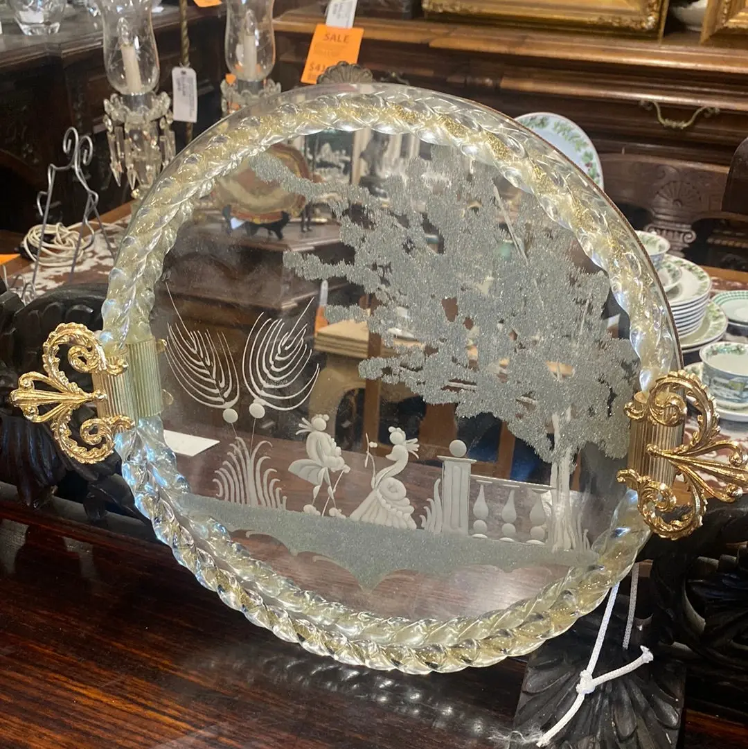 Vintage Murano Etched Glass Mirrored Tray With Tristed Rope Trim And Gold Handles 1