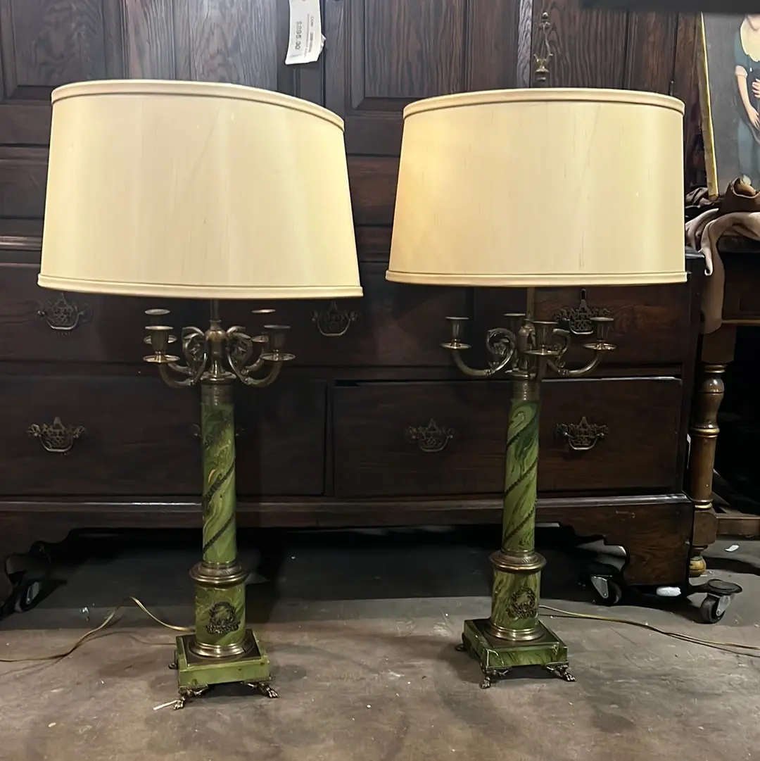 Pair Of Tall French Style Faux Green Marble And Bronze Lamps 1