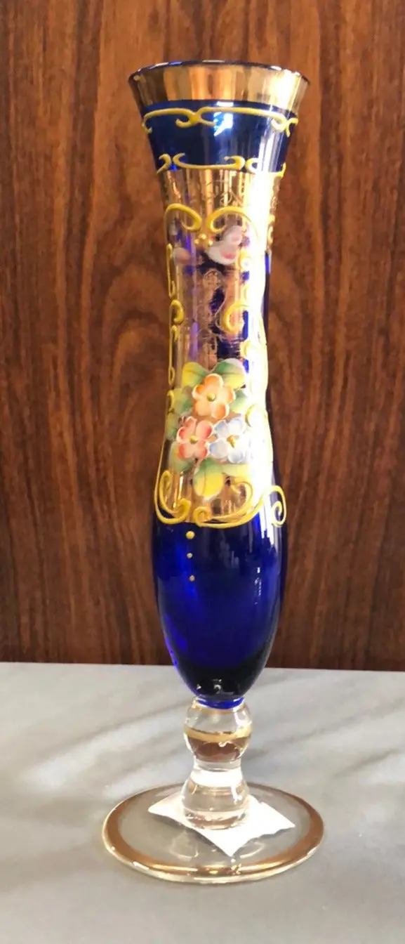 Blue Footed Bohemian Glass Vase With Gold Overlay 1