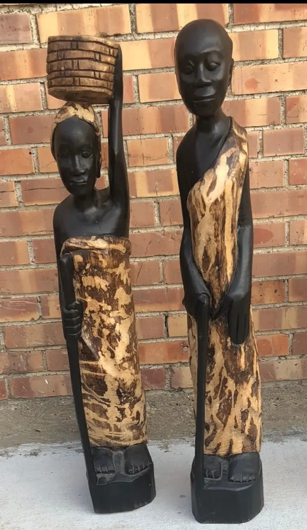 Pair Of Carved Wood African Man And Woman Statues 1