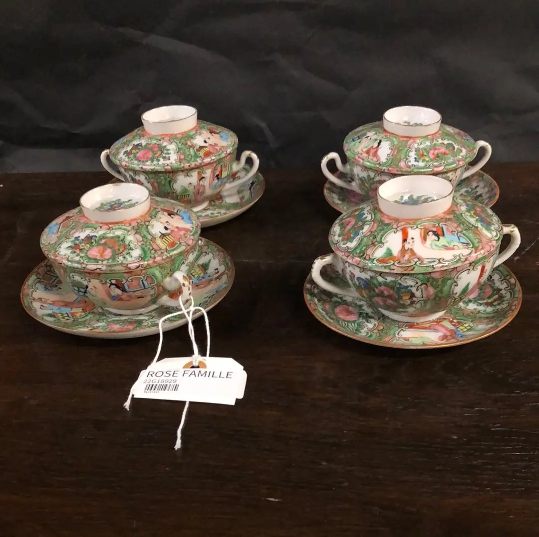 * Set Of Four Rose Famille Bullion Cups With Lids And Saucers Added To Sold Lot 1