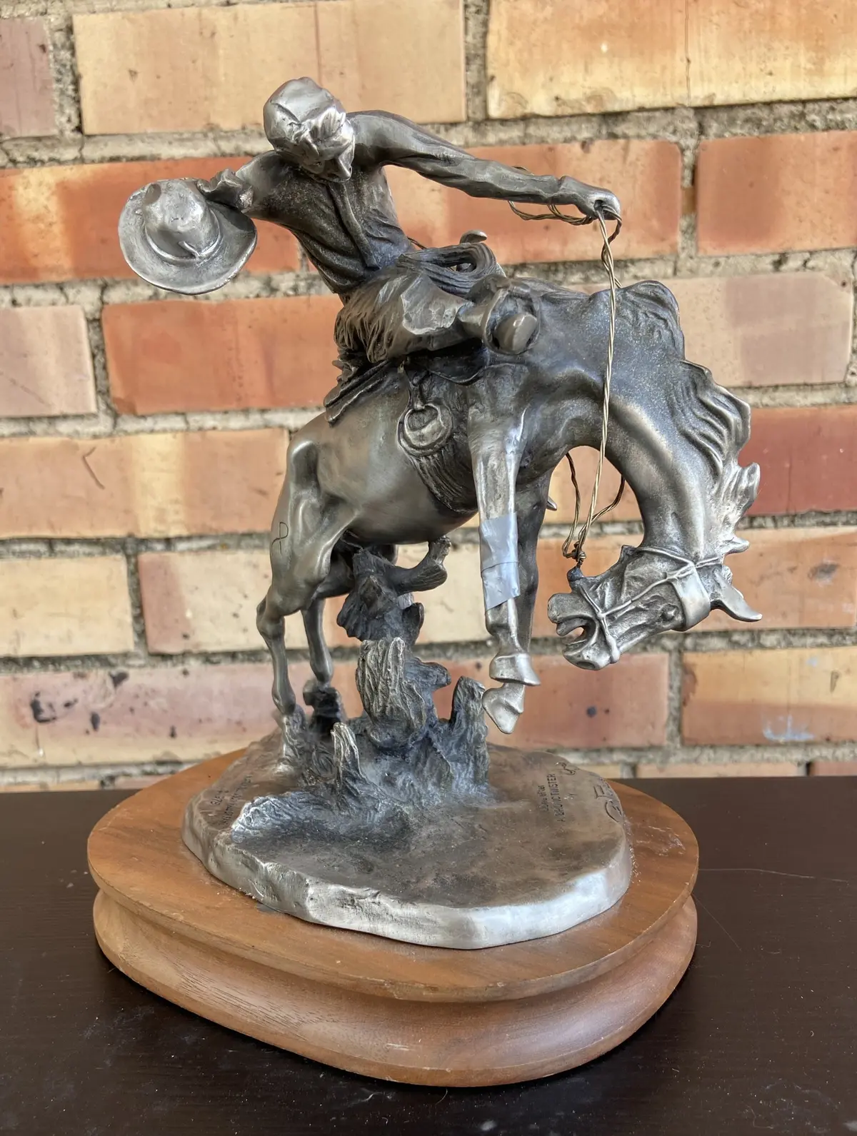 As Found Pewter Cowboy On Bronco Statue 1