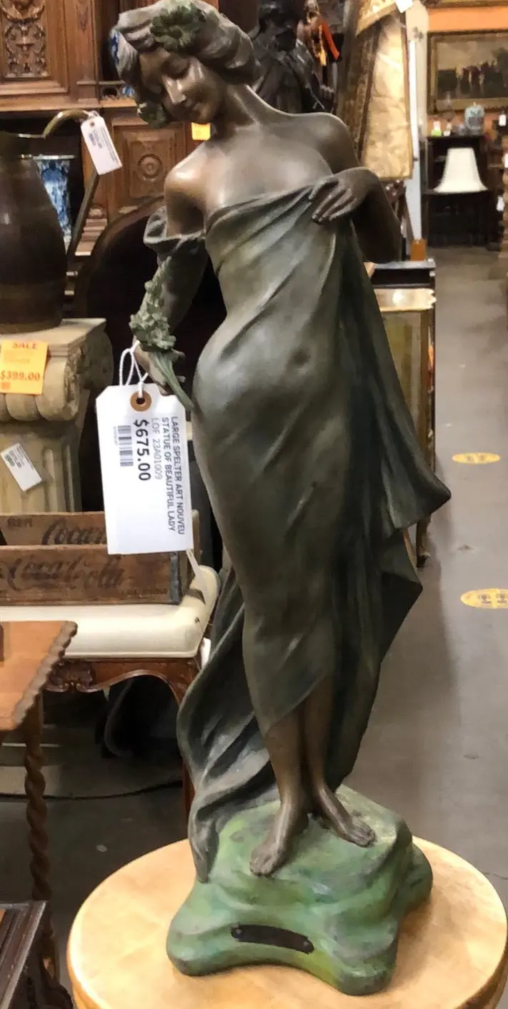 Large Spelter Art Nouveau Statue Of Beautiful Lady 1