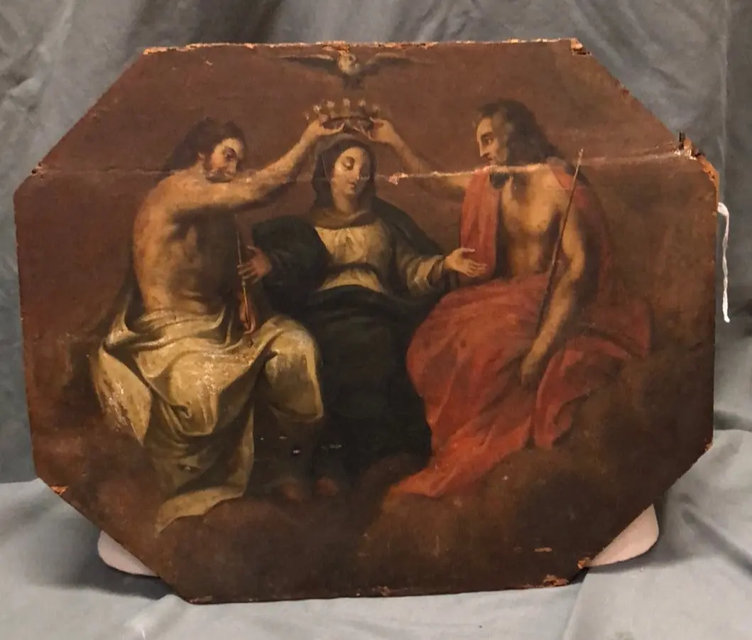 Horizontal Religious Icon On Panel With Mary, Disciples And Dove 1