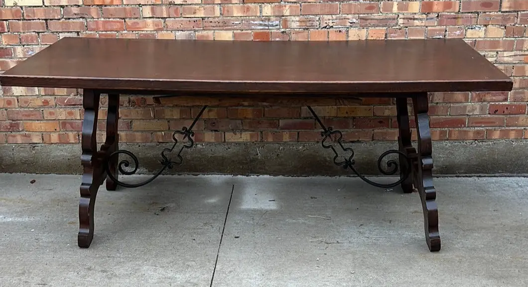 Dark Oak Iron Stretcher Trestle Table 1