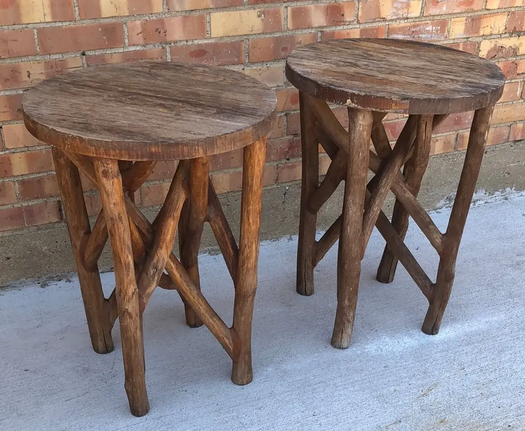 Pair Of Round Thick Twig Adirondack Tables 1