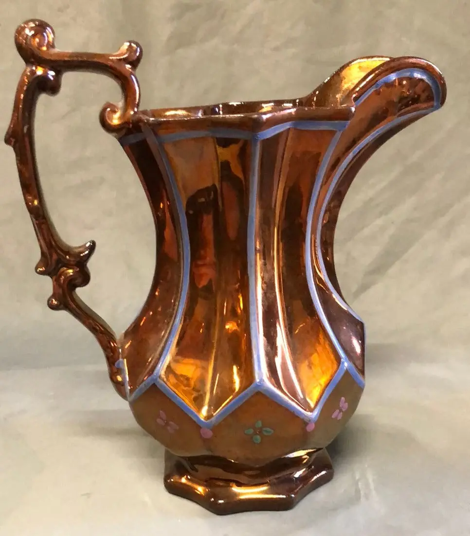 Large Ornate Copper Luster Pitcher With Blue Edge Banding 1