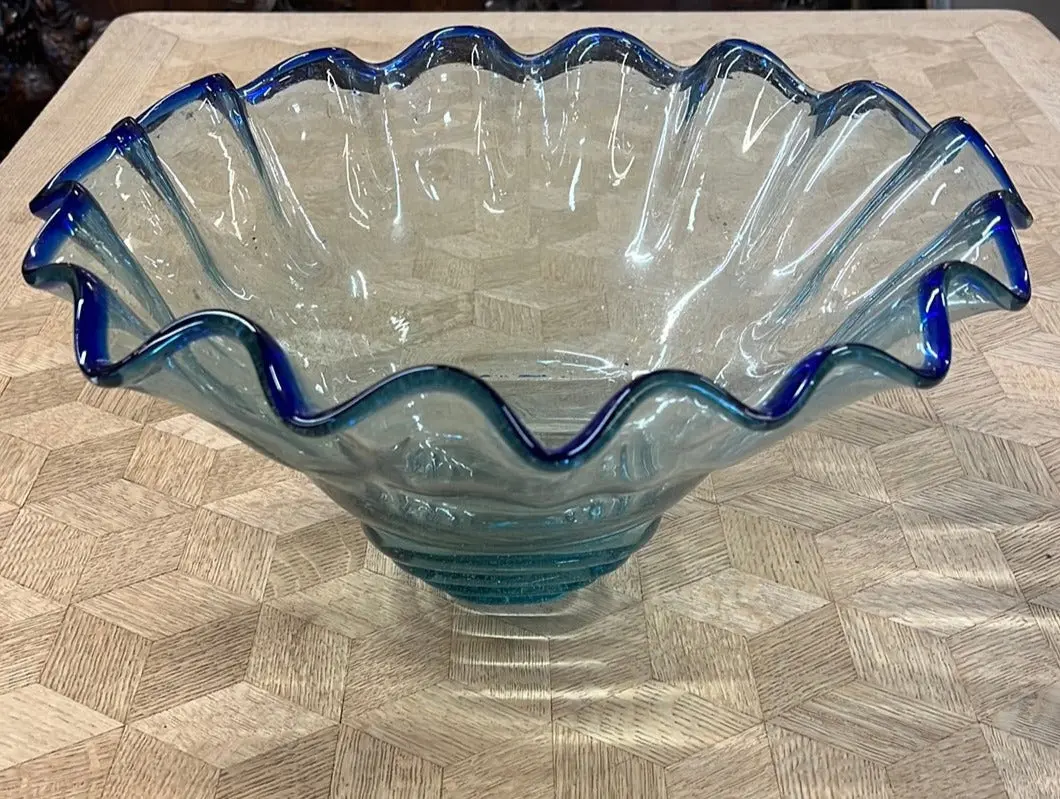 Large Ruffle Blue Art Glass Bowl With Small Square Bottom 1