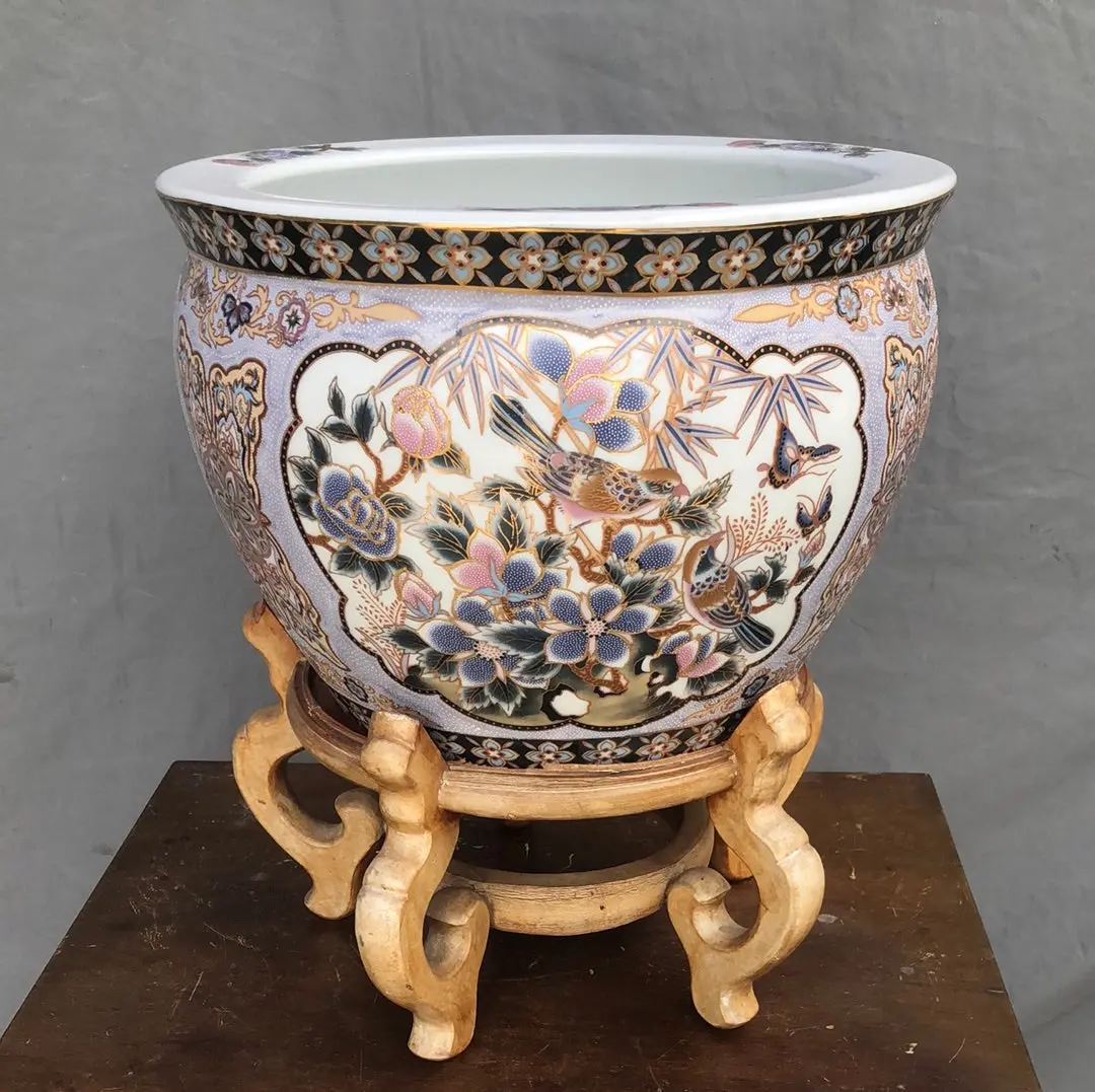 Large Lavender Chinese Planter With Birds On Light Stand 1