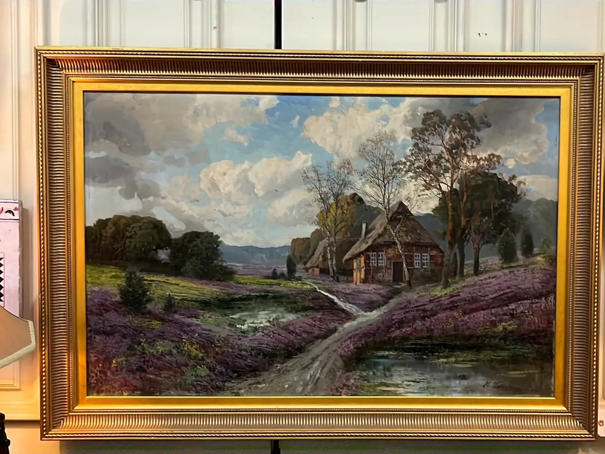 Large Austrian Karl Vikas 1875-1934 Thatched Roof Cottage Oil Painting With Rolling Hills Of Lavender Flowers Landscape 1