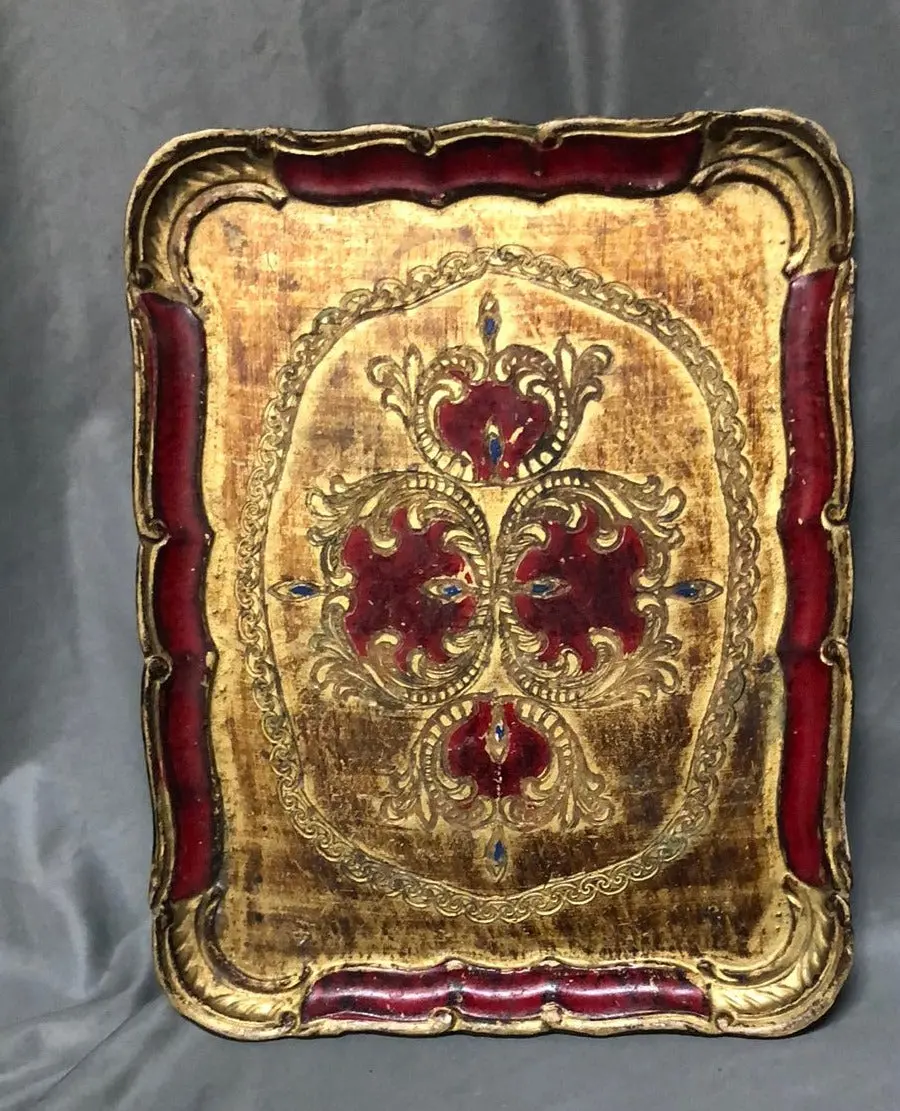 Rectangular Florentine Tray With Red And Gold 1