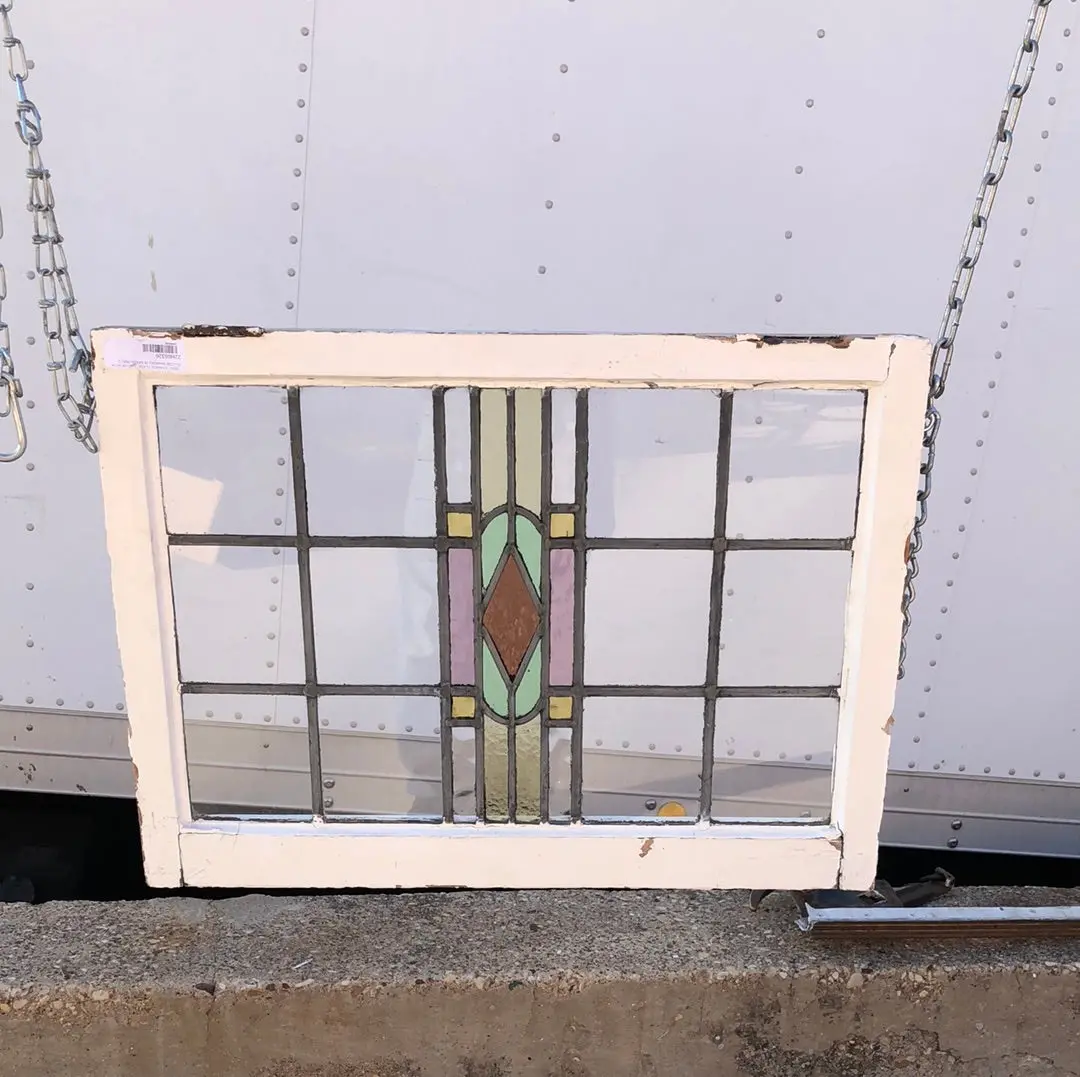 Small Stained  Glass Window With Yellow Diamond In Green Oval 1