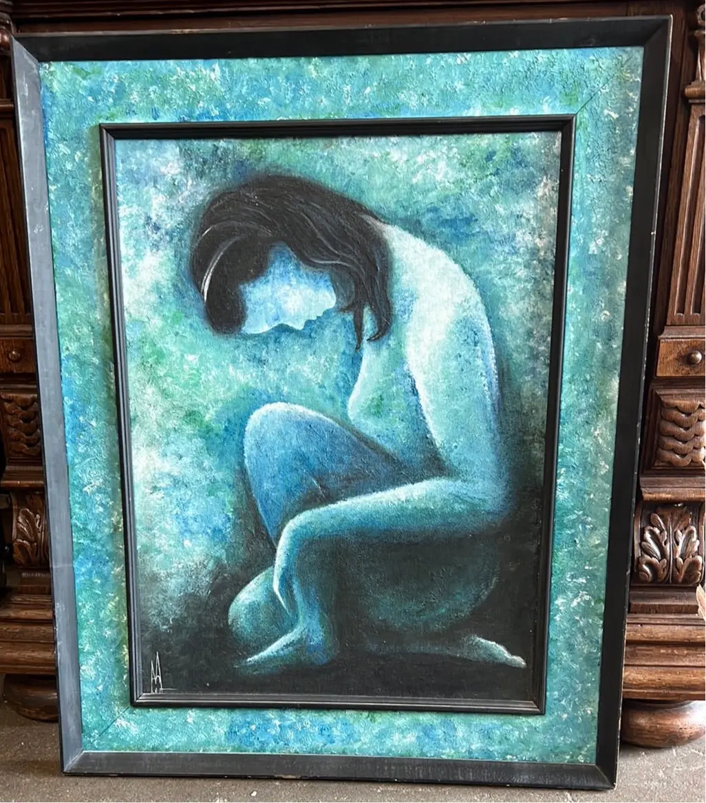 1965 Painting Of Blue Nude Woman By Charlotte Manning 1