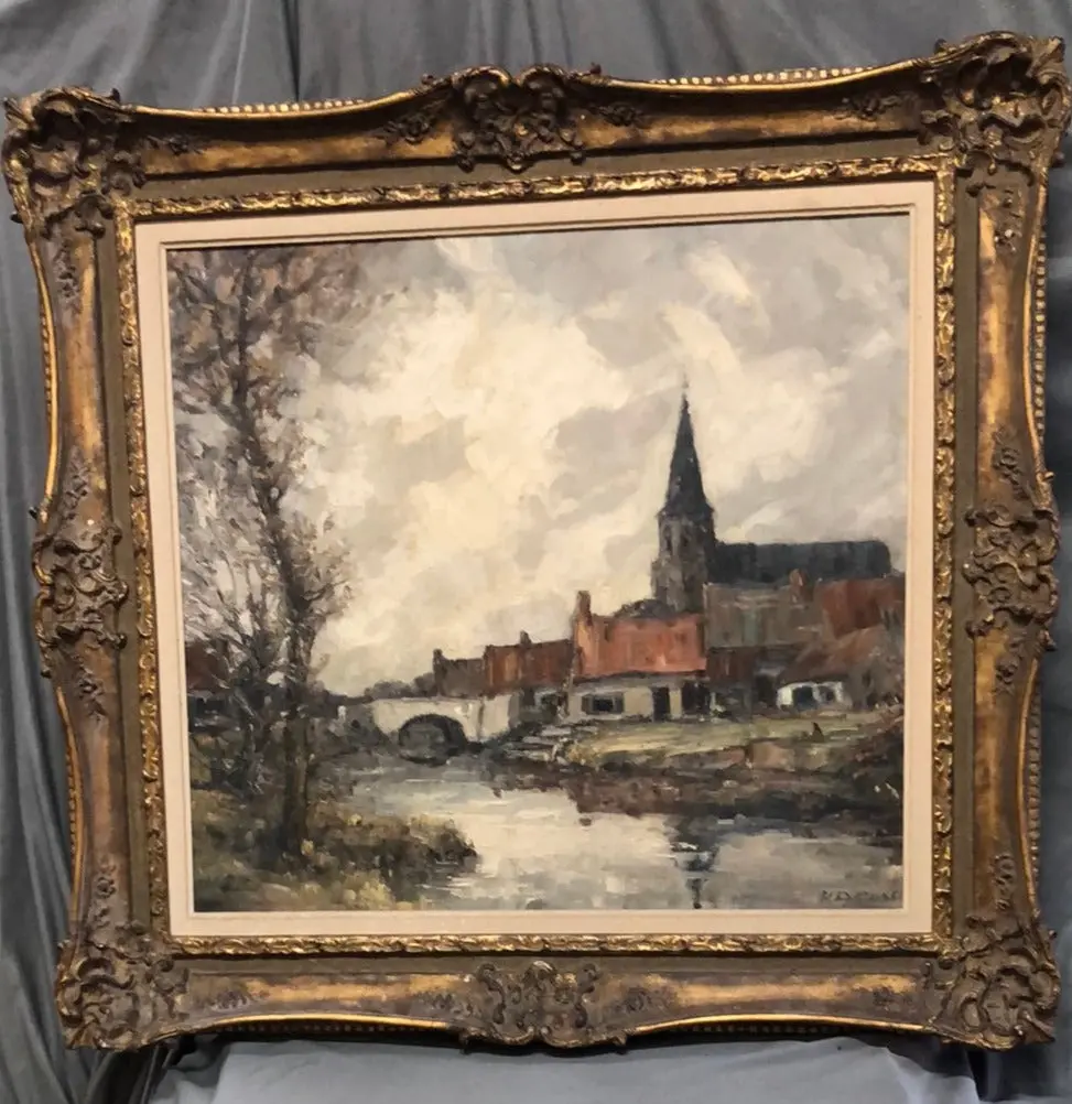 Impasto Impressionist Large Church Oil Painting In Ornate Frame-Signed 1