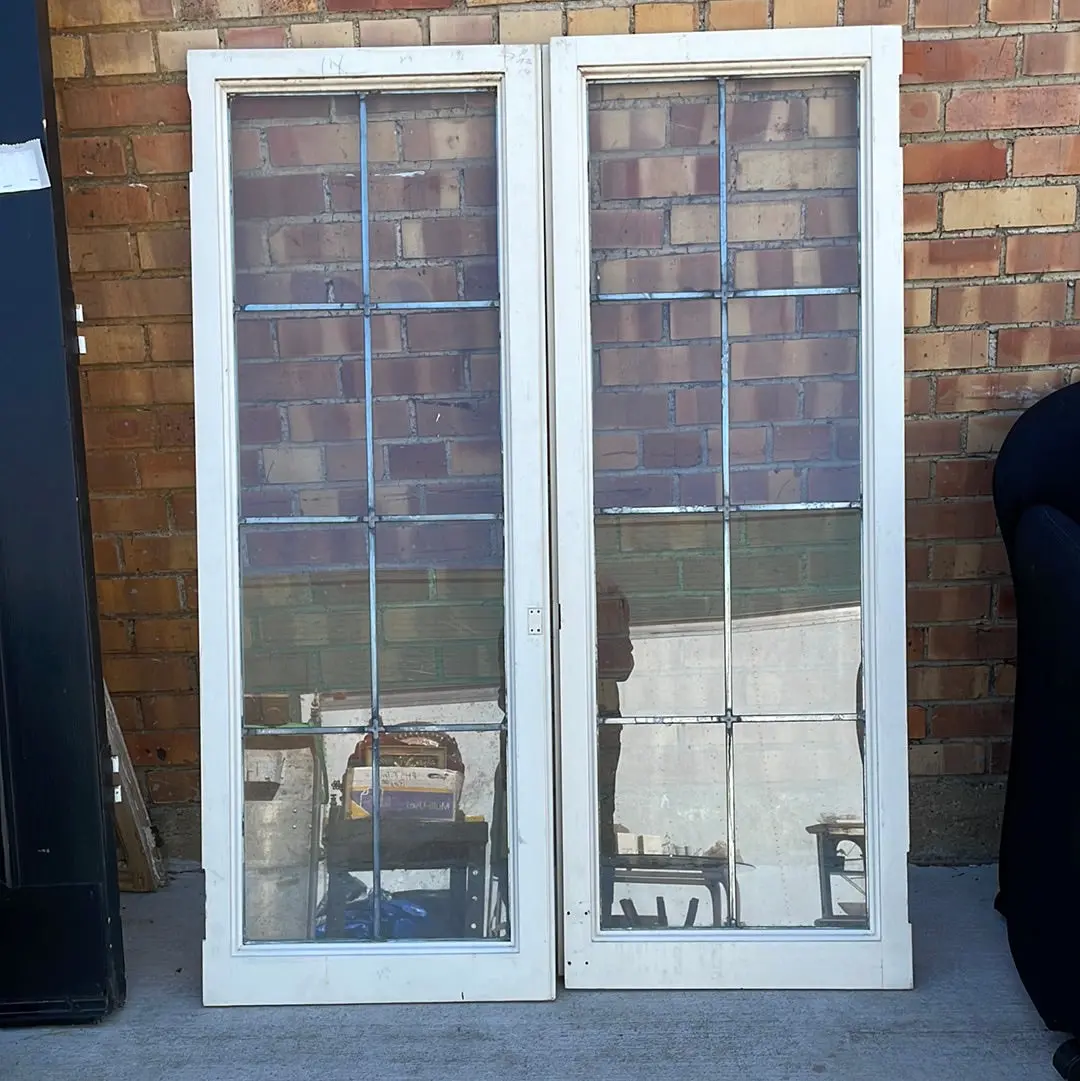 Pair Of Vertical Narrow Leaded Glass Windows With Rectangular Panes 1