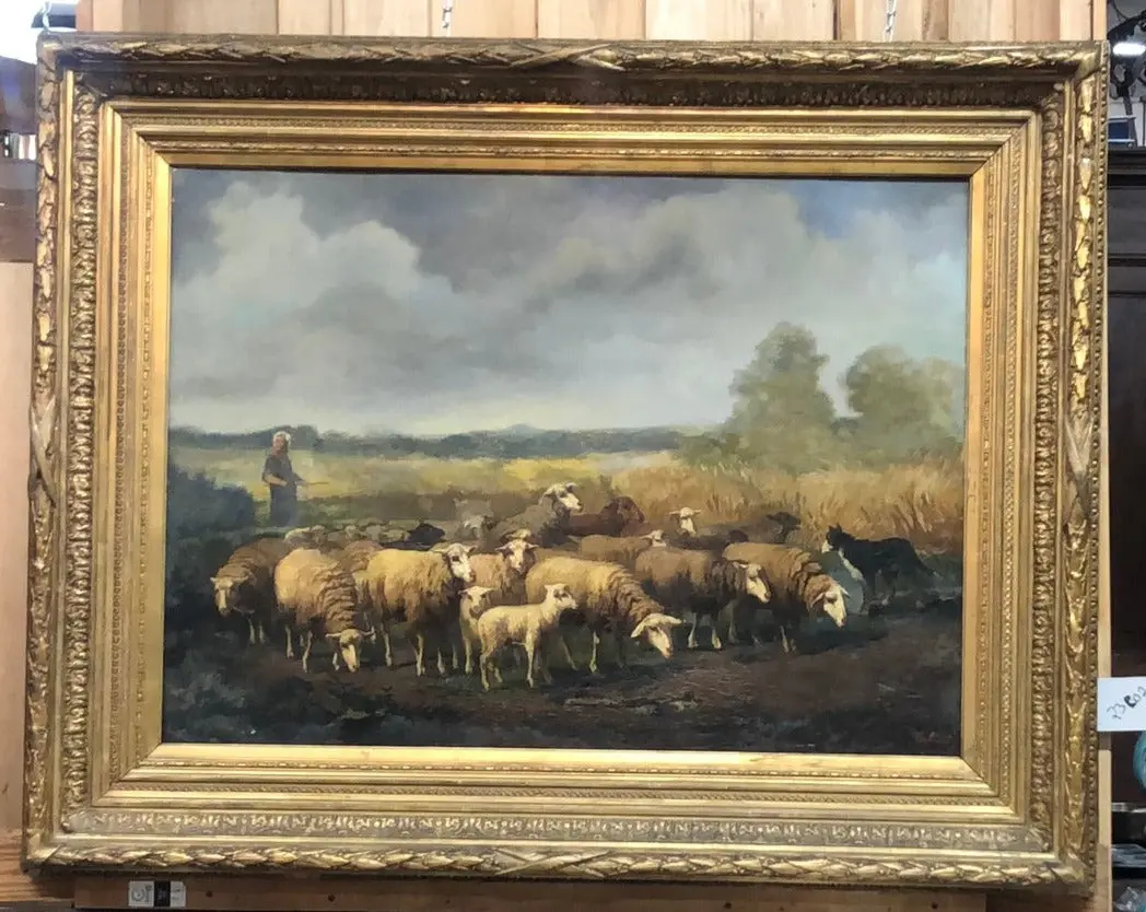 Large Ornate Gold Framed Landscape Oil Painting On Canvas With Sheep And Shepherd 1