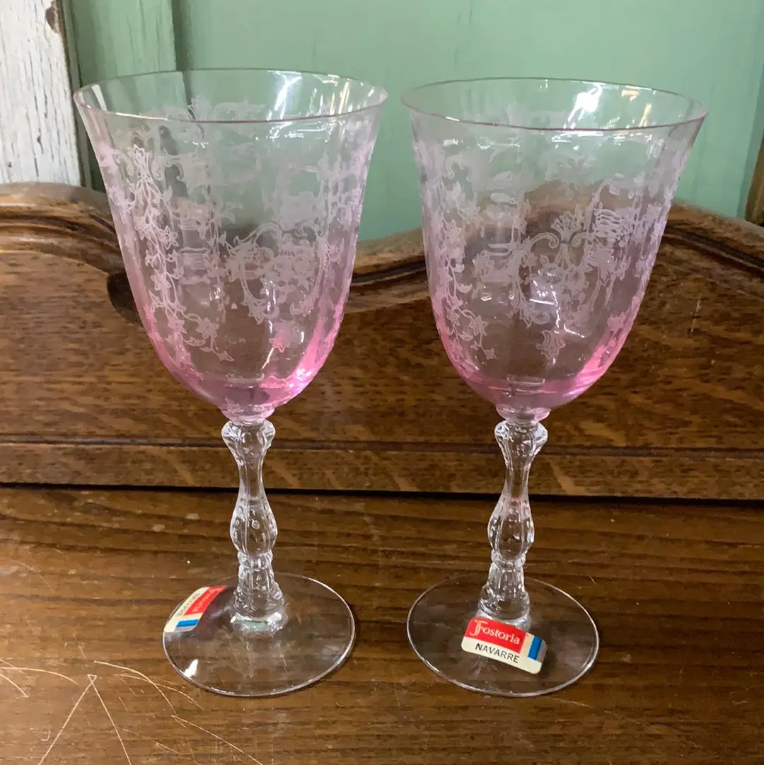 Pair Of Fostoria Pink Navarre Large Claret Glasses 1
