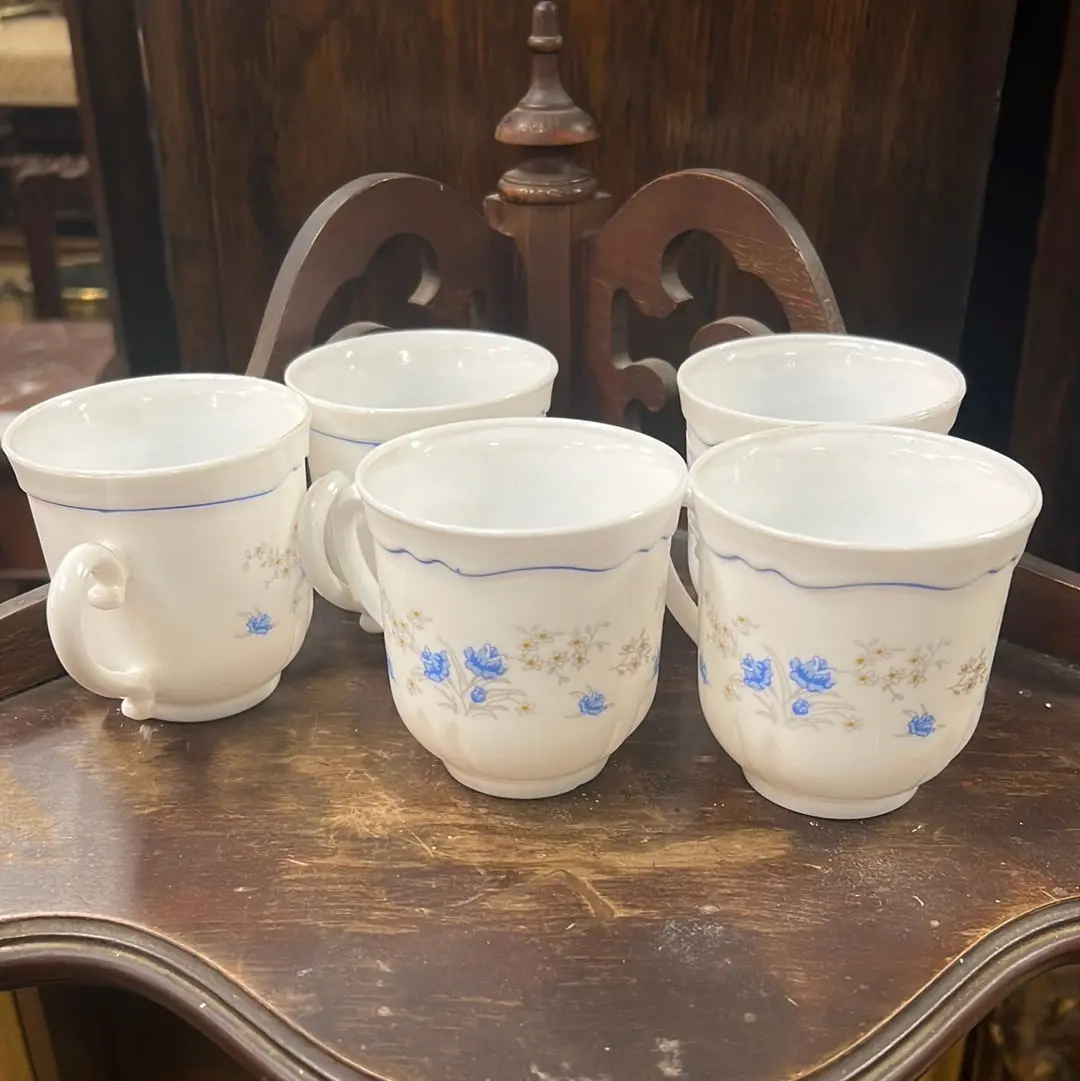 Set Of Five White Teacups With Blue Flowers 1