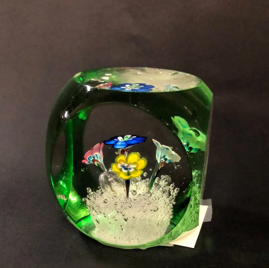 Floral Green And Clear Cube Paperweight 1
