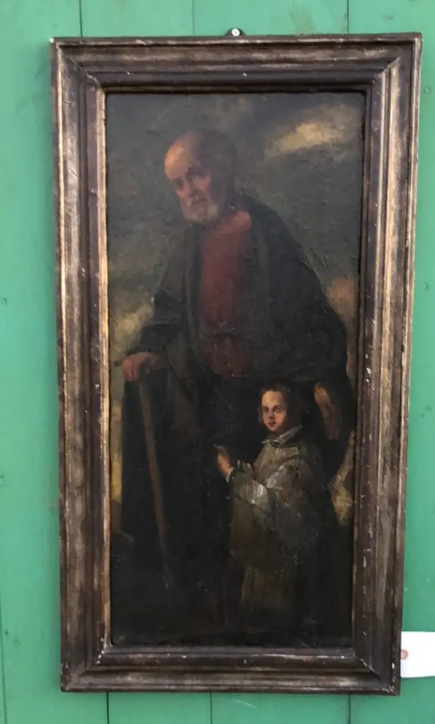 Wood Framed Vertical Oil Painting On Board 18Th Century Saint With Boy 1