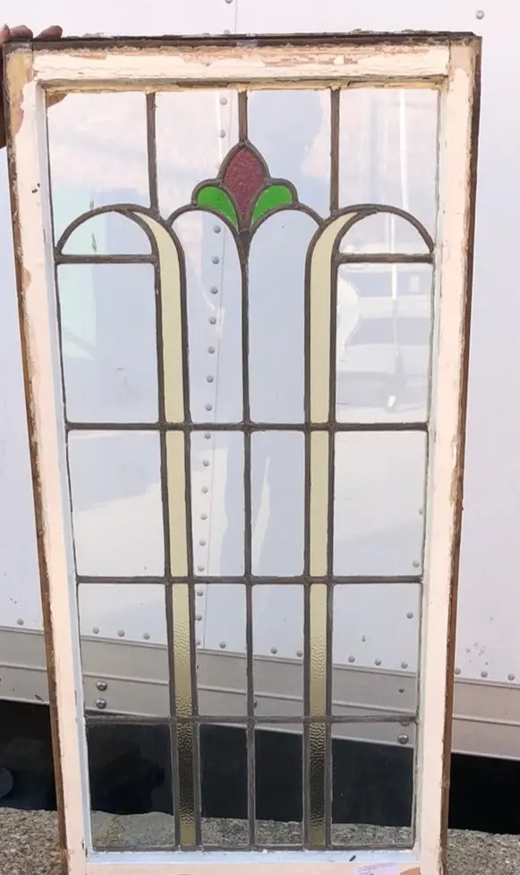 Tall Stained Glass Window With Red Bud And Multi Clored Leaves 1