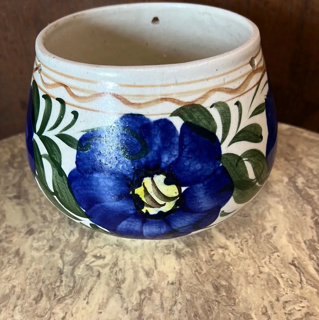 Mexican Pottery Hanging Planter With Blue Flowers 1