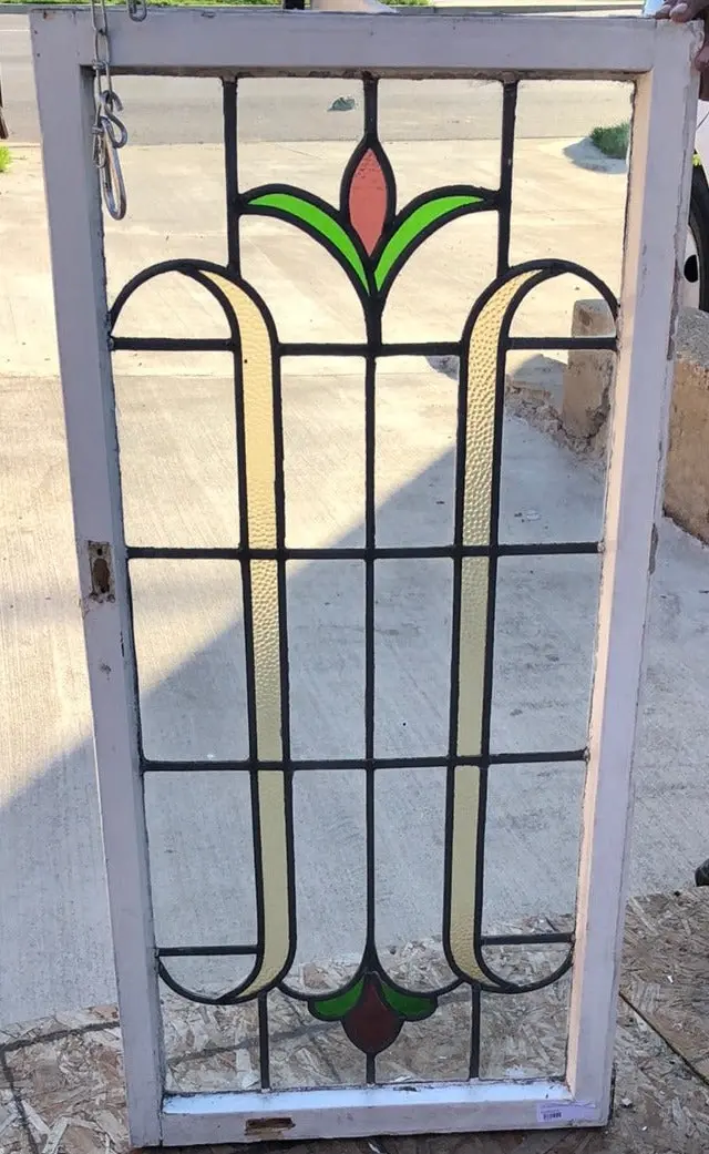 Tall Stained Glass Casement Window With Red Bud And Multi Clored Leaves 1
