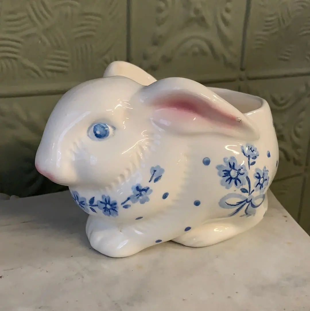 Small Blue And White Bunny Rabbit Planter - As Is 1