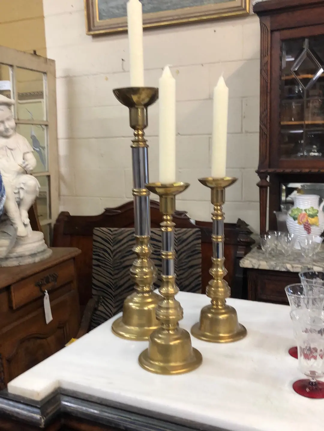 Set Of 3 Large Brass And Silver Candle Stands 1