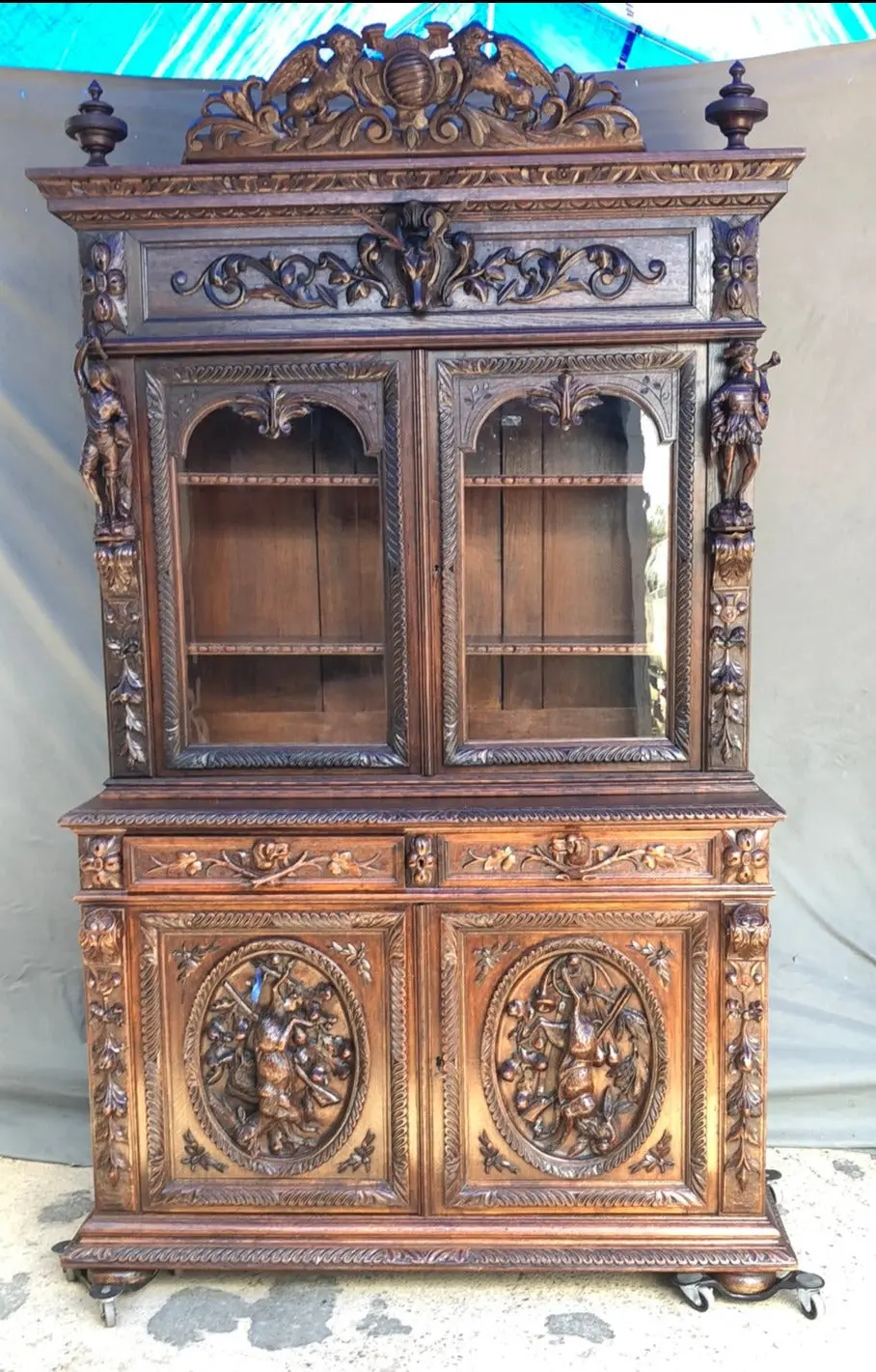 Carved Hunt Cabinet With Elk And Rabbit 1