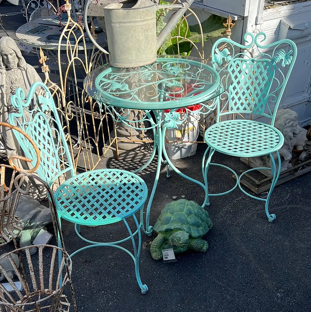 3 Piece Set Of Blue Iron Table And 2 Chairs 1