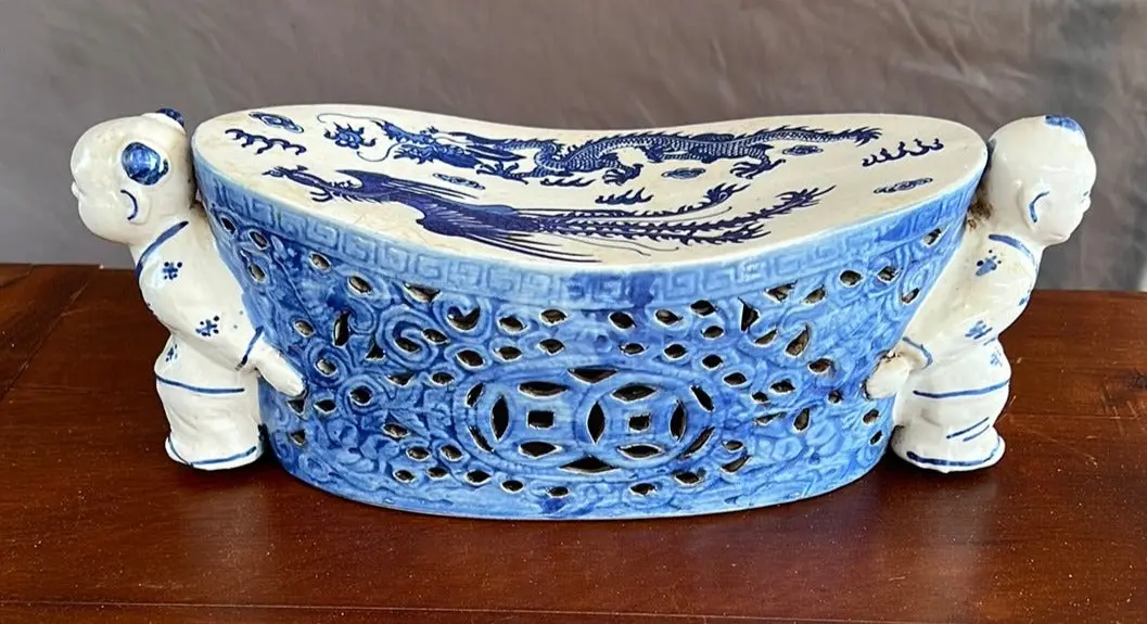 Chinese Blue And White Neck Rest With Embossed Chop 1
