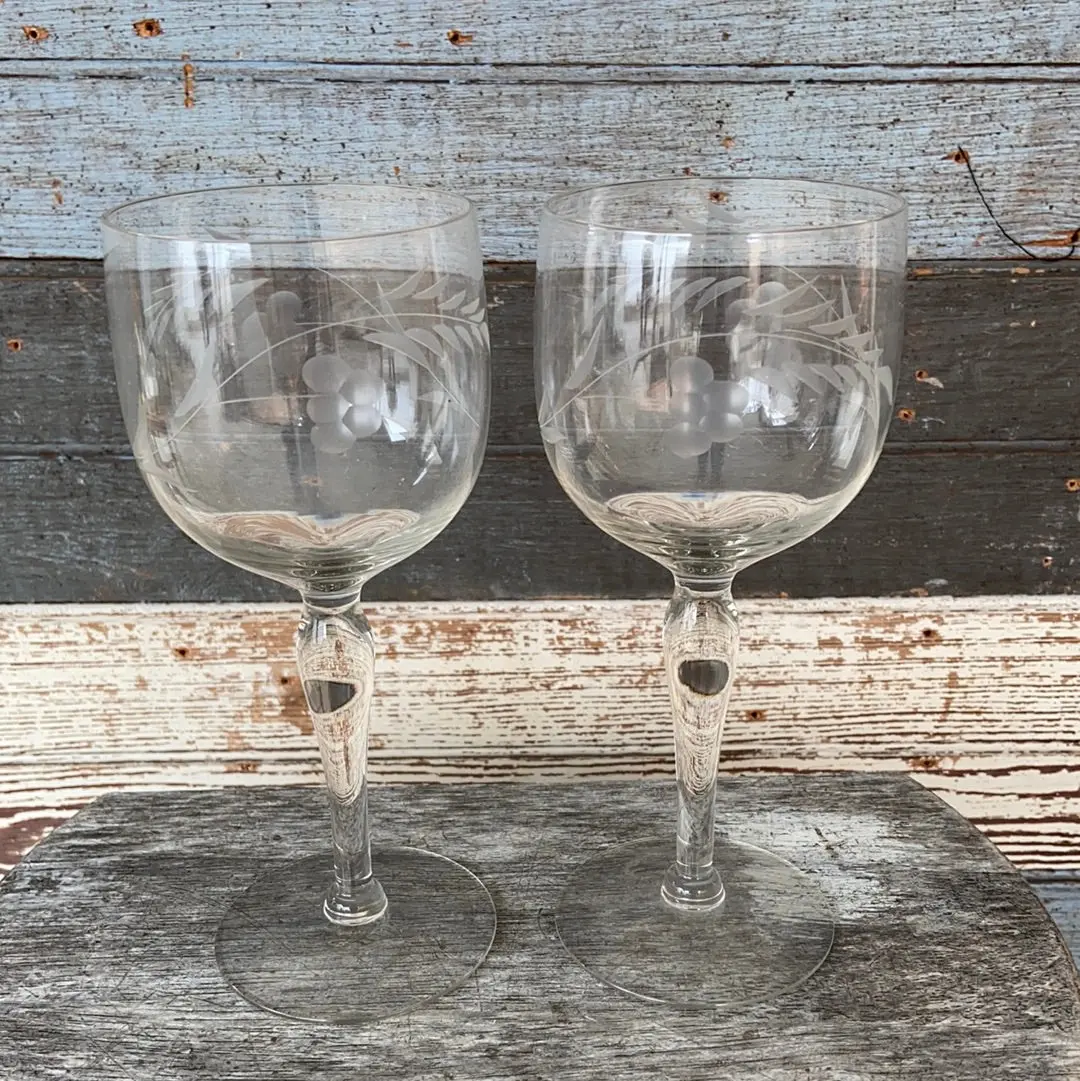 Pair Of Etched Wine Stem Glasses 1