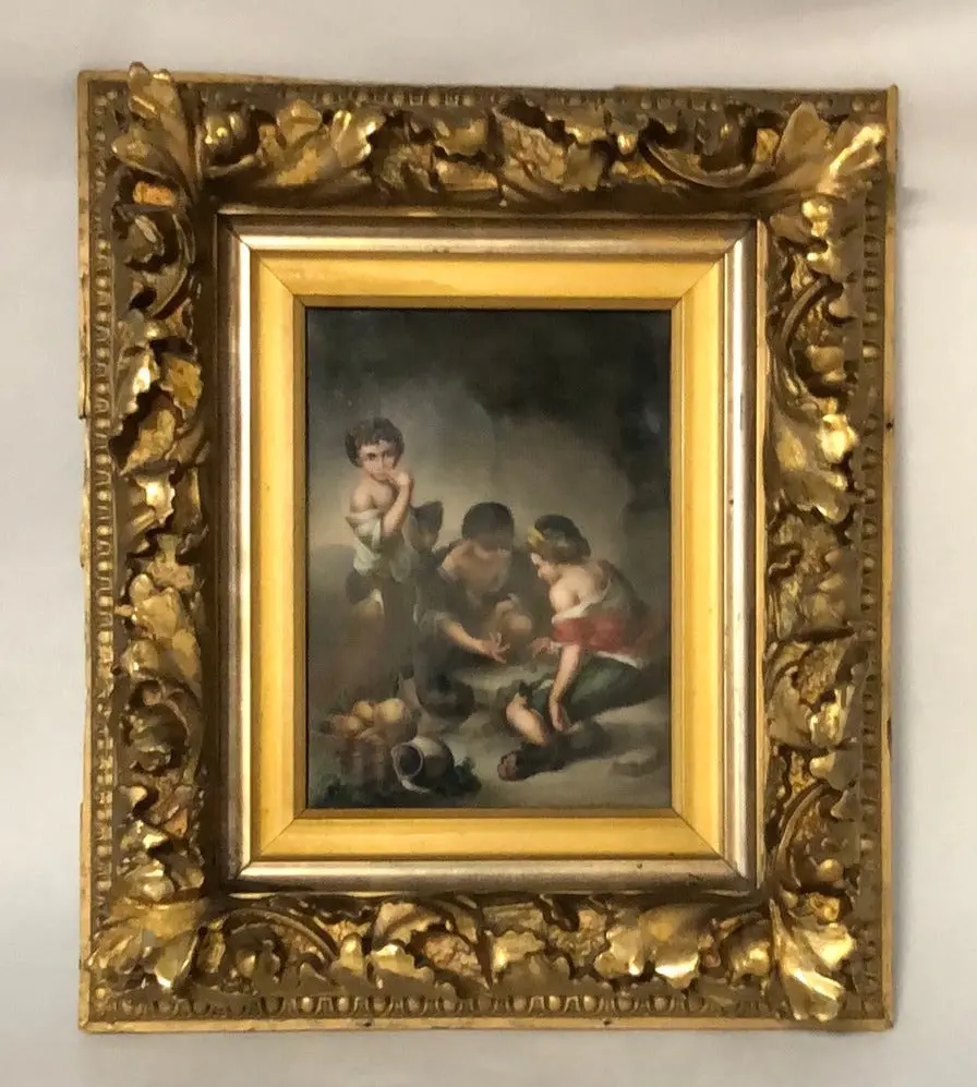 Gold Framed Porcelain Plaque With 3 Children 1