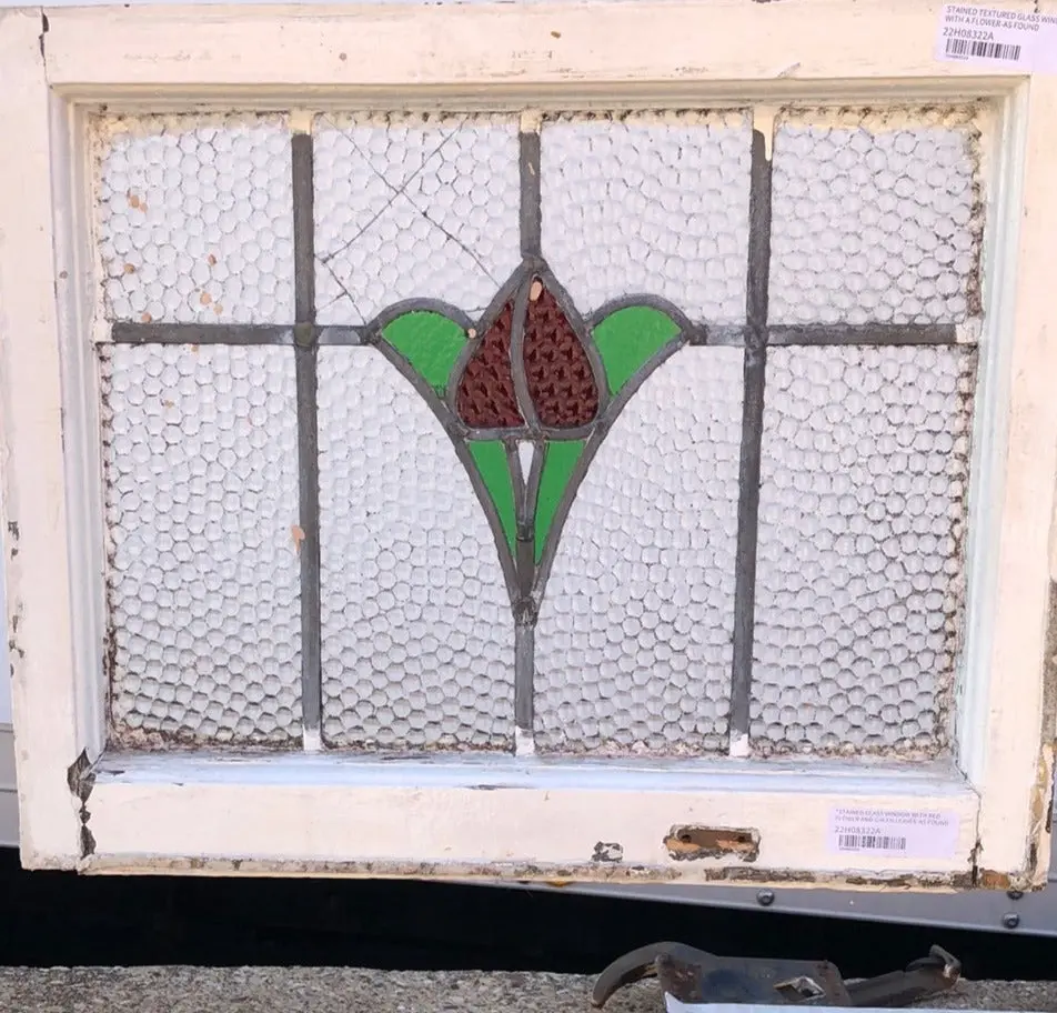 Stained Glass Window With Red Flower And Green Leaves - As Found 1