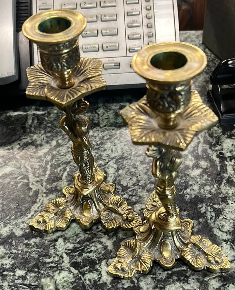 Pair Of Small Fancy Brass Candle Stands 1