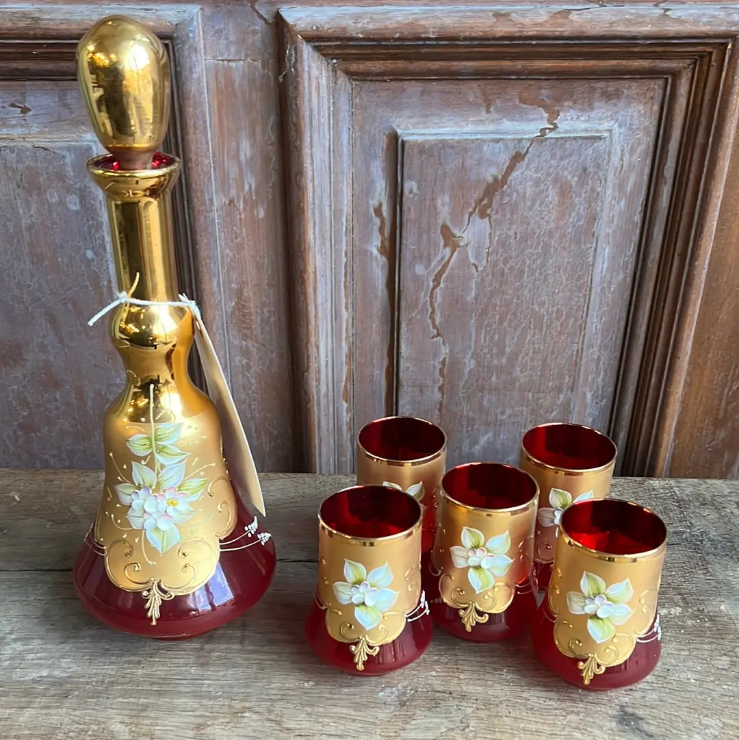 Red And Gold Bohemian Art Glass Decanter Set 1
