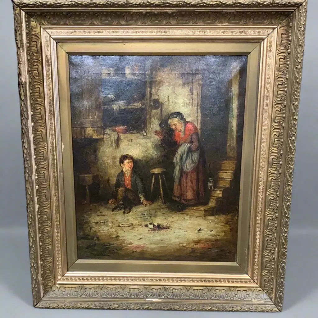19Th Century Oil Painting Of Grand Mother And Child In The Kitchen By William Langois 1