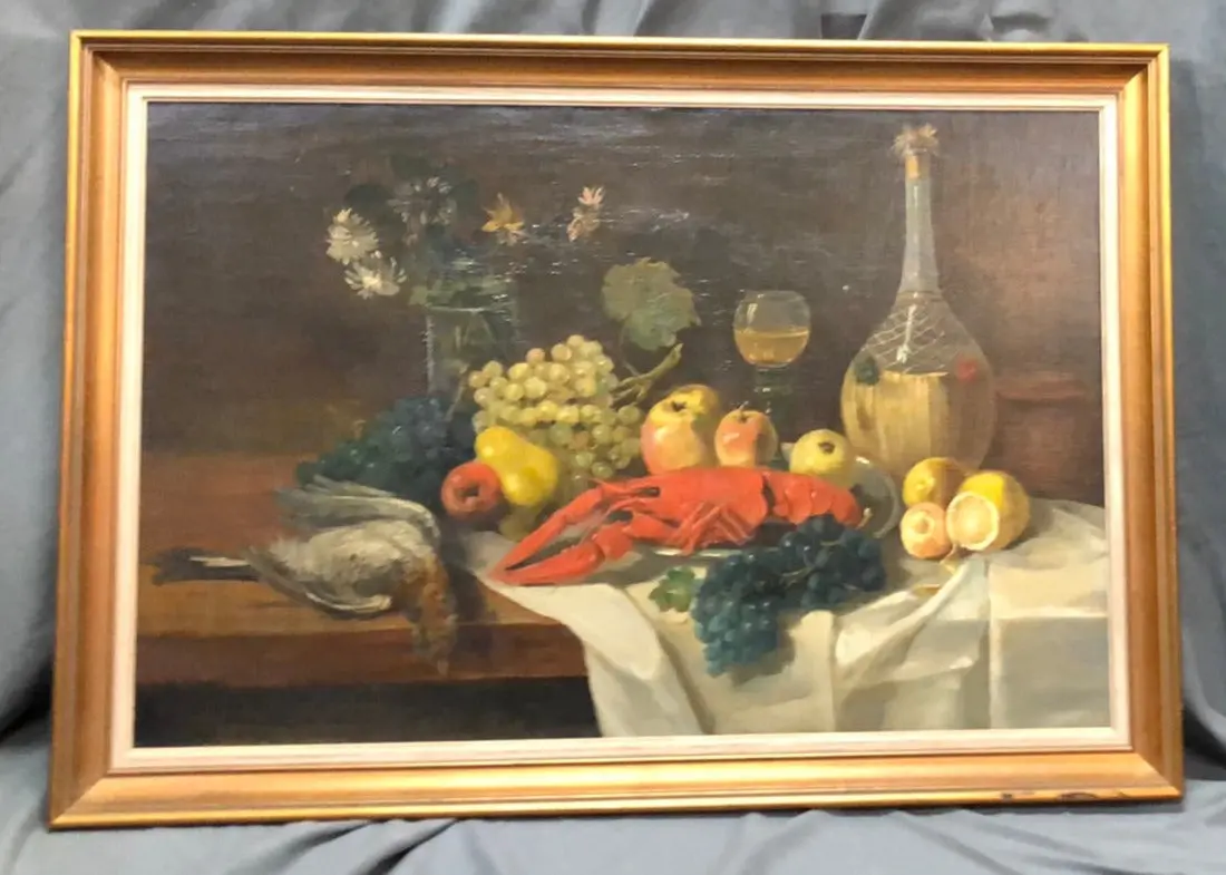 Still Life Oil Painting On Canvas With Lobster, Fowl And Fruit 1