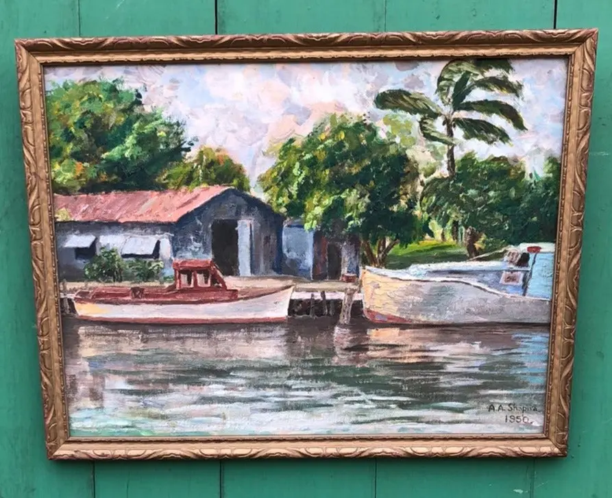 Small Oil Painting Of Boats In A Tropical Setting 1