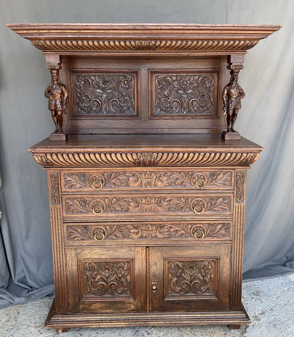 French Figural Carved Dark Oak Server Chest With Doors 1