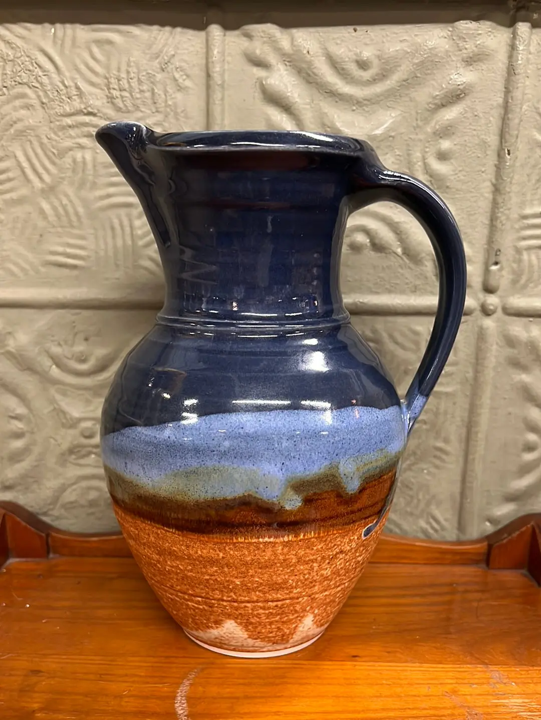 Blue And Orange Glazed Studio Pottery Pitcher 1