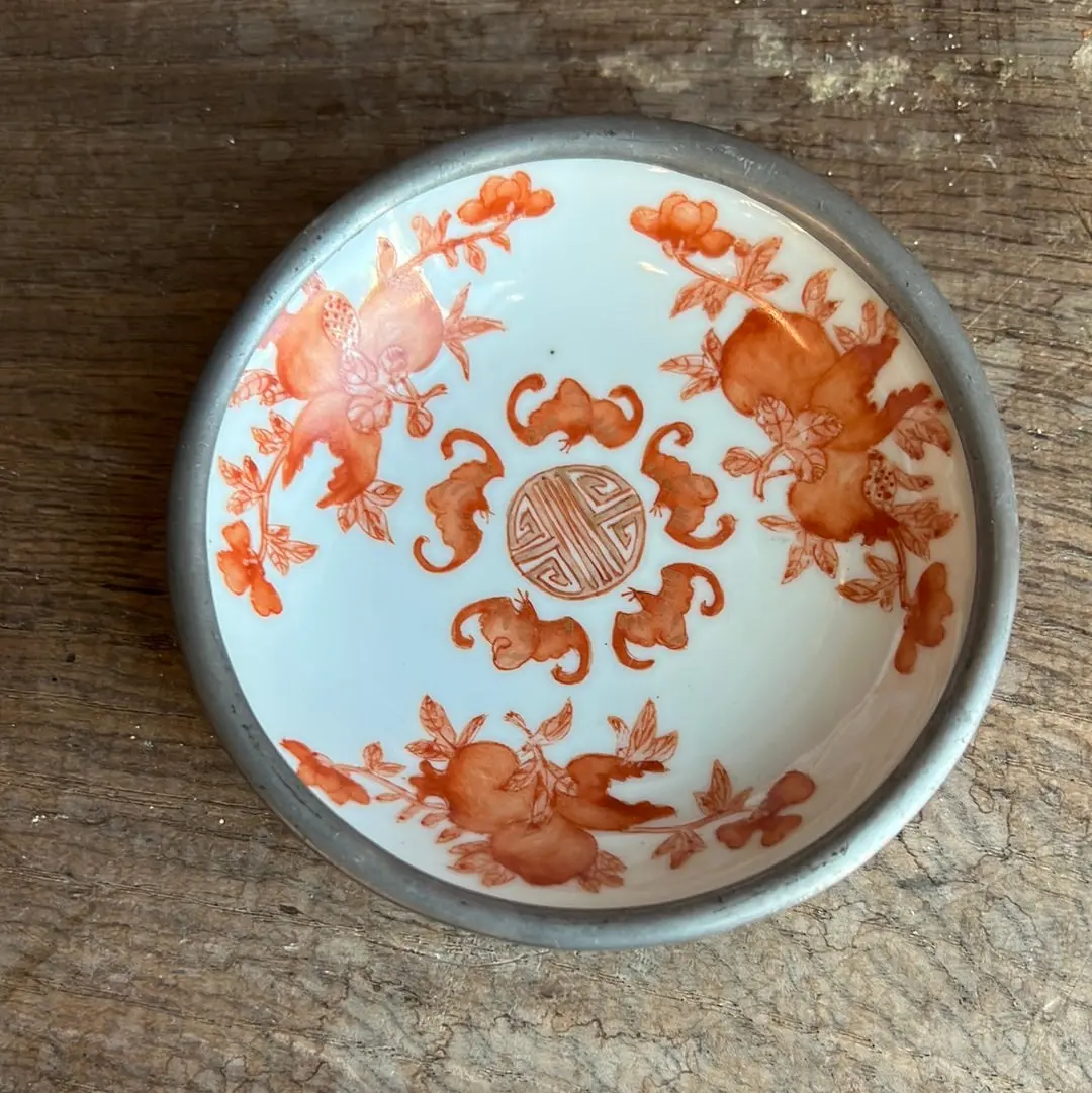 Chinese Red And White Enamel On Pewter Small Catch All Dish 1
