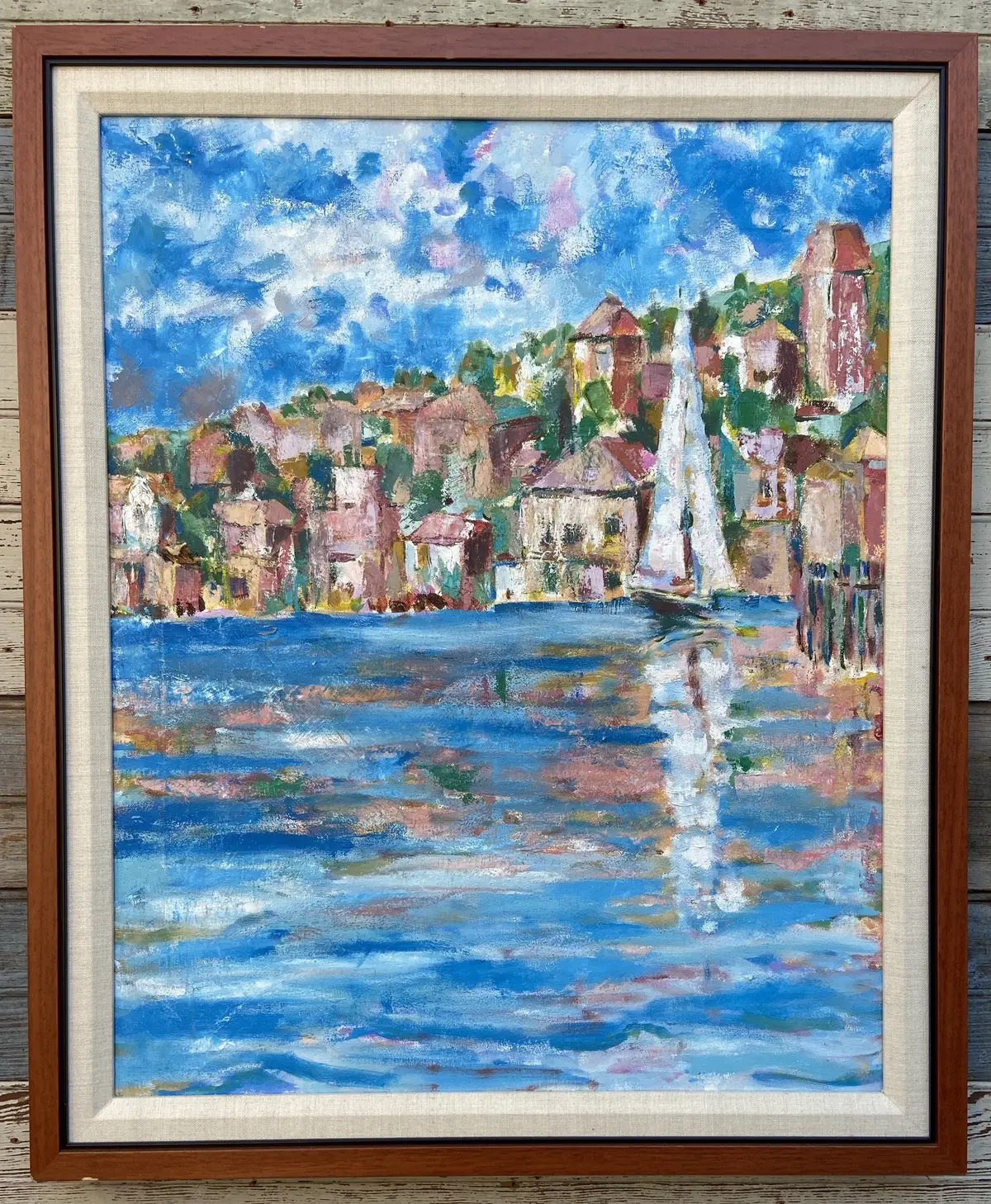Impressionist Painting Of Harbor Scene With Sailboat 1